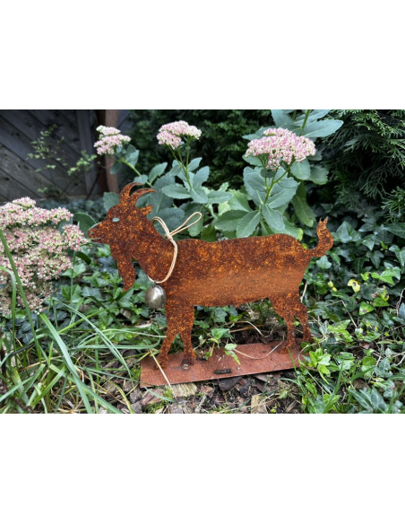 Allgäu Deko Edelrost Ziege mit Glocke 30 cm  - rostige Gaiß schöne Ziege inkl. Glocke auf Platte als Tischdeko, oder für Fenster