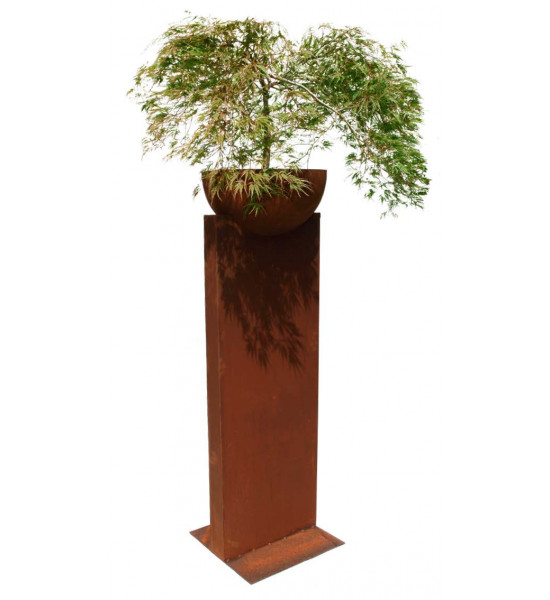 Skulpturen - Rostsäulen und Stelen XL Roststele -Neo- Herzlich Willkommen Höhe 140 cm inkl. Halbkugel 50 cm 
Höhe Säule 140 cm