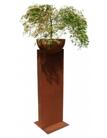 Skulpturen - Rostsäulen und Stelen XL Roststele -Neo- Herzlich Willkommen Höhe 140 cm inkl. Halbkugel 50 cm 
Höhe Säule 140 cm