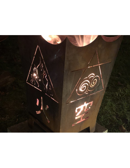 Feuerschalen und Feuerkörbe Feuerkorb mit den 4 Elemente - Feuer - Wasser - Erde - Luft - Höhe 64 cm Feuerkorb aus Edelrost mit 