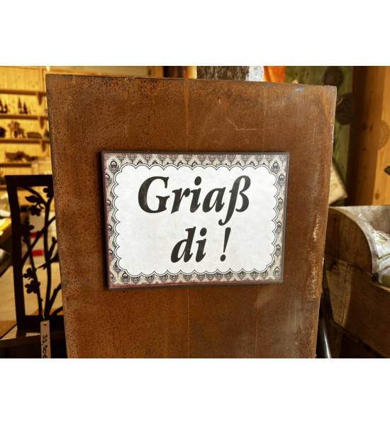 Allgäu Deko Begrüßungstafel - Griaß di !- Breite 20 cm Diese Tafel aus Metall ist kunstvoll gedruckt und begrüßt alle Gäste herz