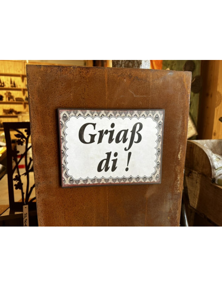 Allgäu Deko Begrüßungstafel - Griaß di !- Breite 20 cm Diese Tafel aus Metall ist kunstvoll gedruckt und begrüßt alle Gäste herz