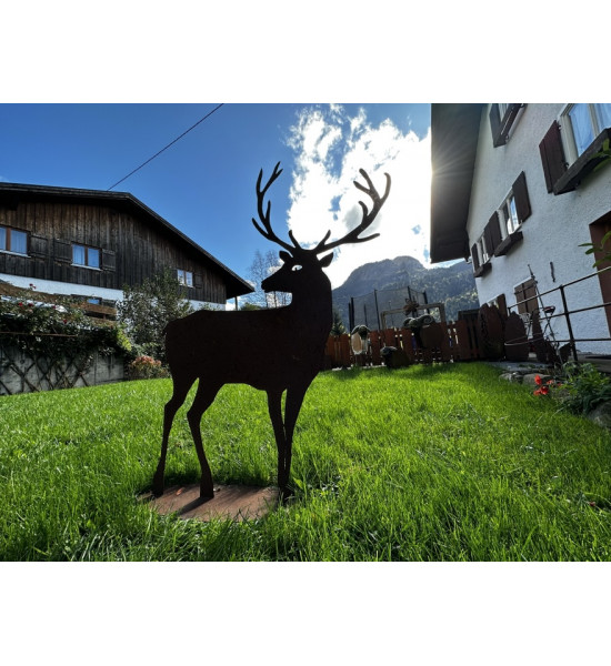 rostige Deko Hirsche und Rehe Deko Hirsch aus Edelrost nach hinten schauend - Höhe 100 cm - auf Standplatte Deko Hirsch aus Edel