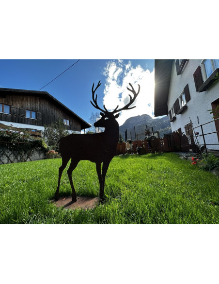 rostige Deko Hirsche und Rehe Deko Hirsch aus Edelrost nach hinten schauend - Höhe 100 cm - auf Standplatte Deko Hirsch aus Edel