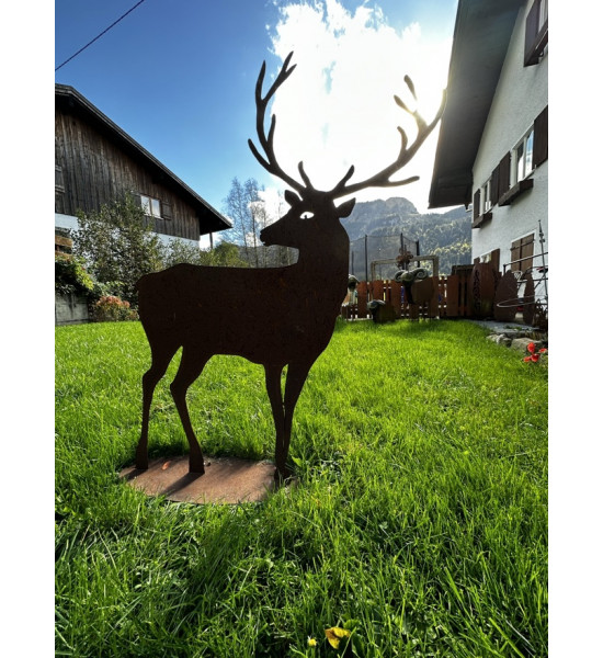 rostige Deko Hirsche und Rehe Deko Hirsch aus Edelrost nach hinten schauend - Höhe 100 cm - auf Standplatte Deko Hirsch aus Edel