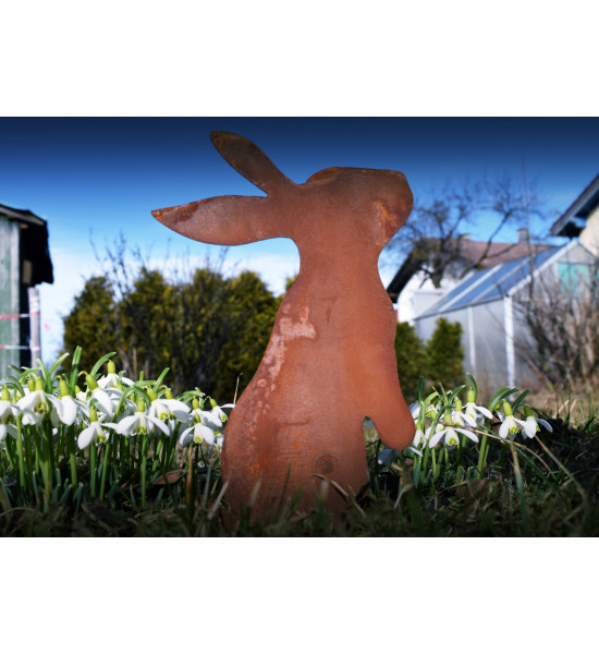 Hasen Edelrost Schnuffelhase auf Stab schnuffelnder Hase aus Edelrost als Stecker für Ihre Osterdeko
Höhe 20cm
mit Stab zum St