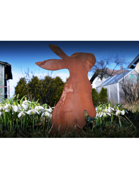 Hasen Edelrost Schnuffelhase auf Stab schnuffelnder Hase aus Edelrost als Stecker für Ihre Osterdeko
Höhe 20cm
mit Stab zum St