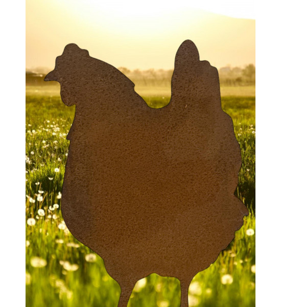 Gartendeko Rost Huhn von vorne auf Platte - 37 cm hoch Huhn von vorne auf einer Standplatte.
Höhe 37 cm
Breite 25 cm