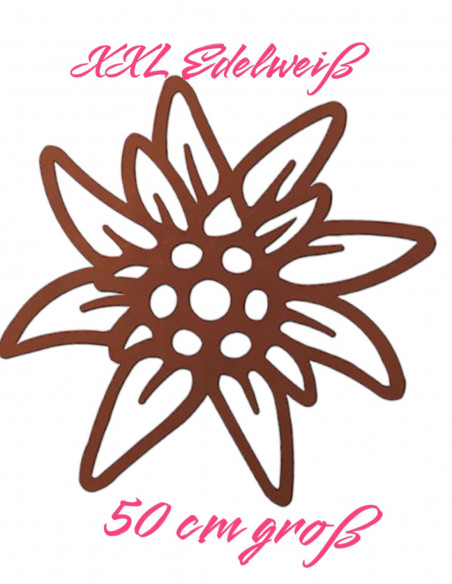 Alpenblumen XL Edelweiss Wandbild aus rostigem Metall 50 cm groß 
Großes XL Edelweiß als Wandbild
Ø 50 cm
Höhe 50 cm
Breite 