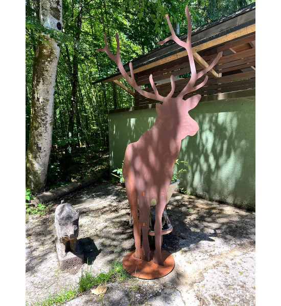 rostige Deko Hirsche und Rehe XXL Deko Hirsch von vorne auf Platte 3mm Stahl - Höhe 190 cm, - B 100 cm 
Hirsch von vorne,
3mm 