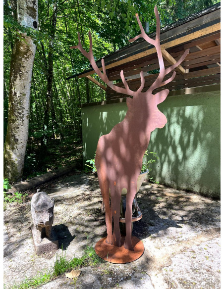 rostige Deko Hirsche und Rehe XXL Deko Hirsch von vorne auf Platte 3mm Stahl - Höhe 190 cm, - B 100 cm 
Hirsch von vorne,
3mm 