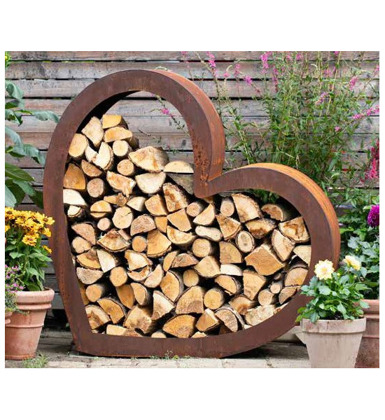Start Offener Holzstapler liegendes Herz aus 2 mm Stahl - Höhe 105cm Verleihen Sie Ihrem Garten mit dem offenen Holzstapler „Lie