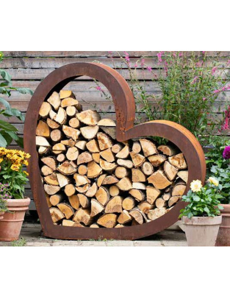 Start Offener Holzstapler liegendes Herz aus 2 mm Stahl - Höhe 105cm Verleihen Sie Ihrem Garten mit dem offenen Holzstapler „Lie