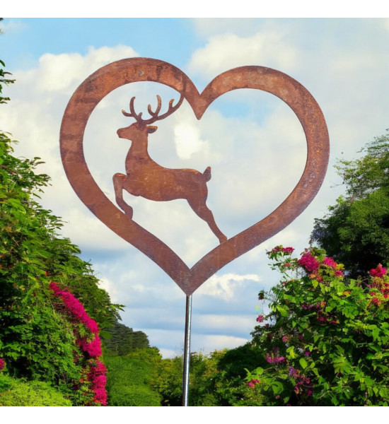 Weihnachtsdeko Springender Hirsch in offenem Herz - klein - Gartenstecker - Gesamthöhe 100 cm Der springende Hirsch in einem off
