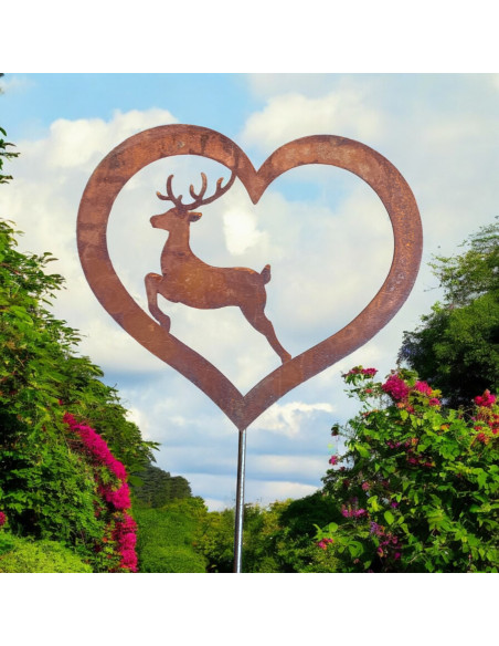 Weihnachtsdeko Springender Hirsch in offenem Herz - klein - Gartenstecker - Gesamthöhe 100 cm Der springende Hirsch in einem off