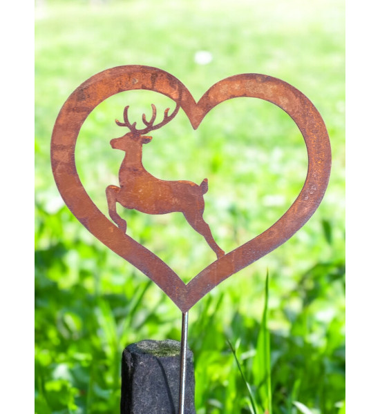 Weihnachtsdeko Springender Hirsch in offenem Herz - klein - Gartenstecker - Gesamthöhe 100 cm Der springende Hirsch in einem off