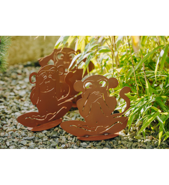 Start Affe Mizaru - Seh nix – 30 cm Höhe - Dekofigur auf Platte Hol dir den originellen Affen „Seh nix“ aus Edelrost! Mit 30 cm