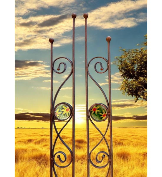 Rankhilfe Metall - Rankgitter und Rankgerüste schmales Rankgitter Duo 160 cm - mit 1 handgefertigter Glasscheibe mit Blumenmotiv