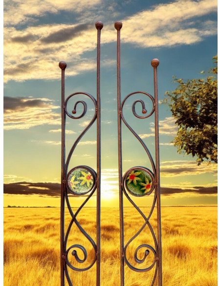 Rankhilfe Metall - Rankgitter und Rankgerüste schmales Rankgitter Duo 160 cm - mit 1 handgefertigter Glasscheibe mit Blumenmotiv