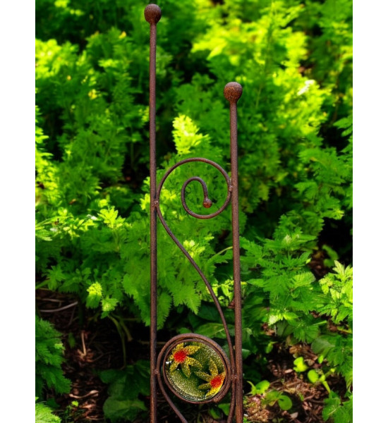 Rankhilfe Metall - Rankgitter und Rankgerüste schmales Rankgitter Duo 160 cm - mit 1 handgefertigter Glasscheibe mit Blumenmotiv