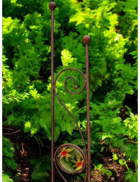 Rankhilfe Metall - Rankgitter und Rankgerüste schmales Rankgitter Duo 160 cm - mit 1 handgefertigter Glasscheibe mit Blumenmotiv