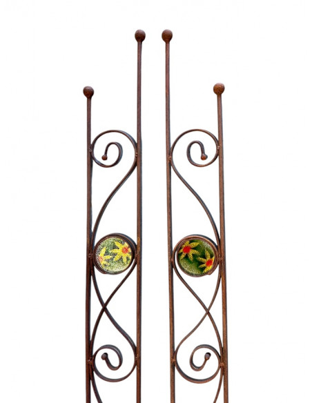 Rankhilfe Metall - Rankgitter und Rankgerüste schmales Rankgitter Duo 160 cm - mit 1 handgefertigter Glasscheibe mit Blumenmotiv