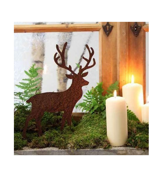 Herbstdeko Kleiner Edelrost Hirsch 36 cm hoch (aus großer Variante Rehfamilie) 
rostiger Hirsch 36 cm hoch
mit Platte zum stel