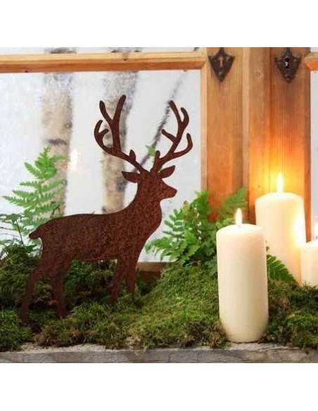 Herbstdeko Kleiner Edelrost Hirsch 36 cm hoch (aus großer Variante Rehfamilie) 
rostiger Hirsch 36 cm hoch
mit Platte zum stel