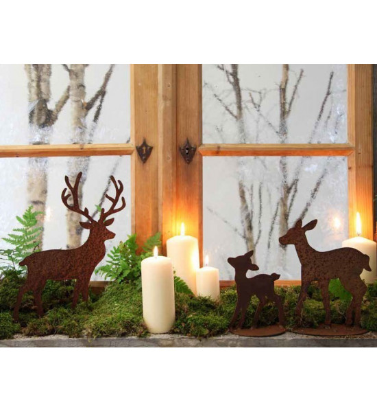Herbstdeko Kleiner Edelrost Hirsch 36 cm hoch (aus großer Variante Rehfamilie) 
rostiger Hirsch 36 cm hoch
mit Platte zum stel