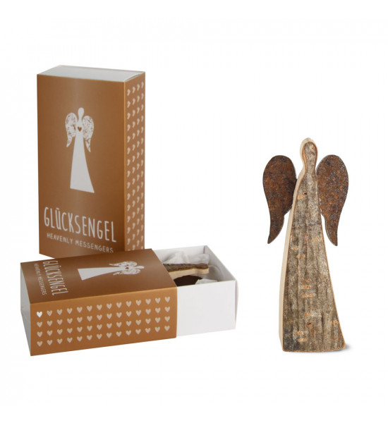Rindenengel zum Stellen 6 cm Mini Rindenengel - Adad - mit rostigen Flügeln 
Höhe 6 cm,
Material Laub und Nadelholz mit Rinde 