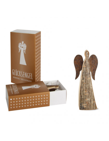 Rindenengel zum Stellen 6 cm Mini Rindenengel - Adad - mit rostigen Flügeln 
Höhe 6 cm,
Material Laub und Nadelholz mit Rinde 