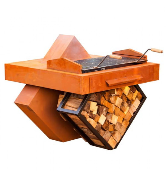 Grillstellen + große Gartengrills Grill - Geometrie - Rost inkl. Grillrost und schwarz lackierter Holzlege Grill - Geometrie, de