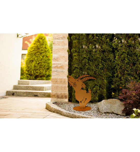 Steinbock + Murmeltier Deko  Steinbock Ferdinand groß 53 cm x 39 cm 
Höhe 53 cm
Breite 39 cm
auf Platte
