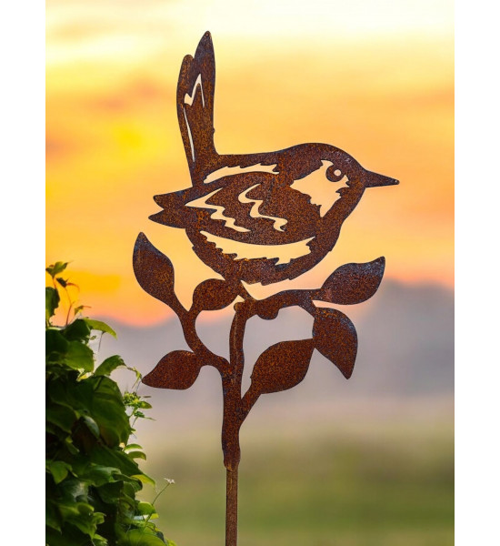 Vogel Deko Piepmatz - Zaunkönig als Gartenstecker - klein - Höhe 20 cm - Vogel Süße kleine Piepmätze im Gegenlicht als Gartenste