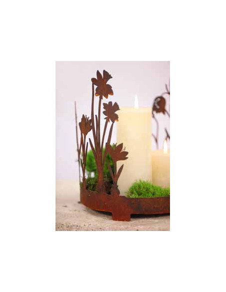 Start Edelrost - Frühlingsblüher Tablett rund - Ø 25 cm dekorative Darstellung von Frühlingsblumen, passend zur Osterzeit.  Die 