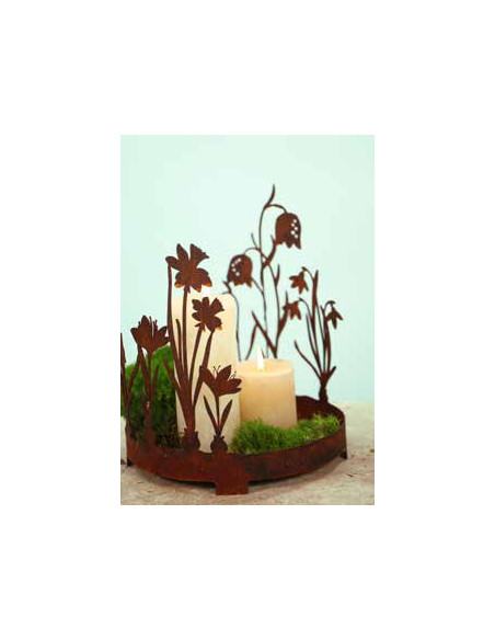 Start Edelrost - Frühlingsblüher Tablett rund - Ø 25 cm dekorative Darstellung von Frühlingsblumen, passend zur Osterzeit.  Die 