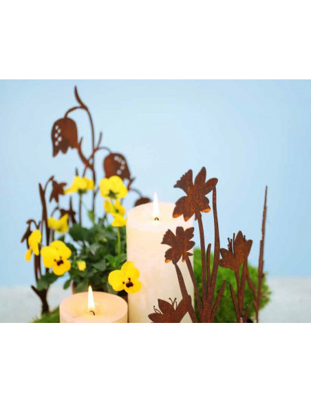 Frühlingsdeko Tablett Frühlingsblüher - Eckig - Länge 35 
Länge 35
Tiefe 15 cm
Höhe 30 cm
stabiles Metall auch als Kerzentab