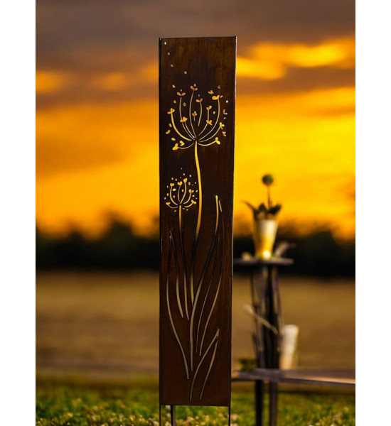 Skulpturen - Rostsäulen und Stelen Garten Stele - Allium im Wind - zum Stecken - Höhe 130 cm - Pusteblume 
Gesamthöhe 150 cm
B