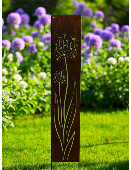 Skulpturen - Rostsäulen und Stelen Garten Stele - Allium im Wind - zum Stecken - Höhe 130 cm - Pusteblume 
Gesamthöhe 150 cm
B