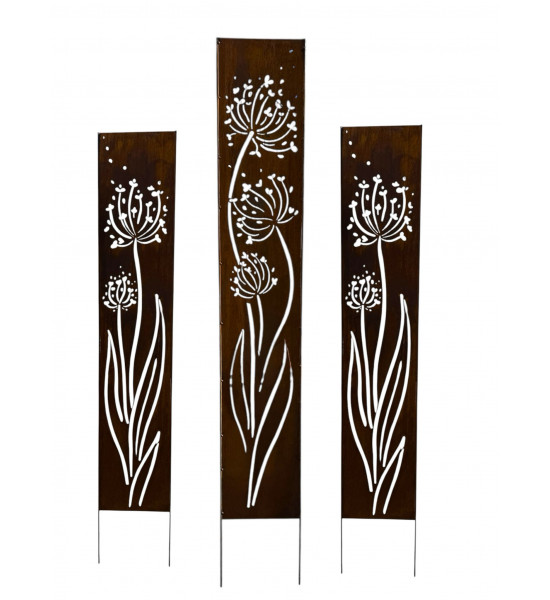 Skulpturen - Rostsäulen und Stelen Stele - Allium im Wind - zum Stecken - Gesamthöhe 165 cm - Pusteblume 
Gesamthöhe 190 cm
Br