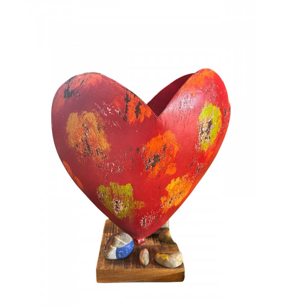 Start bunt bemaltes Metall Herz 3D - auf Holzsockel 
Höhe 35 cm
Das metallherz ist bunt bemalt
nicht wasserdicht
