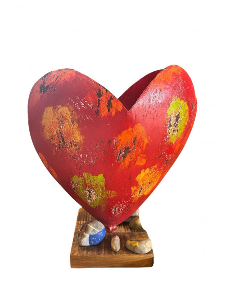 Start bunt bemaltes Metall Herz 3D - auf Holzsockel 
Höhe 35 cm
Das metallherz ist bunt bemalt
nicht wasserdicht
