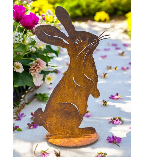 Start Dekofigur Hase Flauschig – Metall Osterhase - 30 cm hoch 
Höhe 30 cm
Breite 18 cm
auf PLatte

Die Edelrost-Deko "Hase