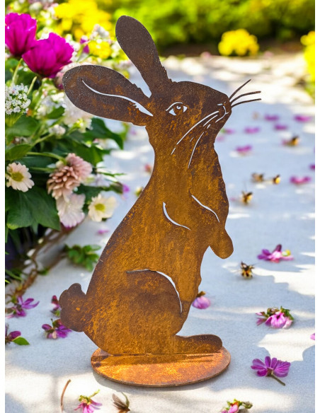 Start Dekofigur Hase Flauschig – Metall Osterhase - 30 cm hoch 
Höhe 30 cm
Breite 18 cm
auf PLatte

Die Edelrost-Deko "Hase