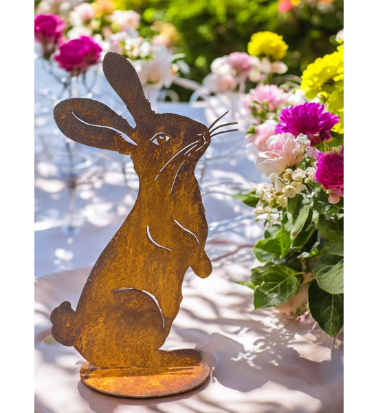 Start Dekofigur Hase Flauschig – Metall Osterhase - 30 cm hoch 
Höhe 30 cm
Breite 18 cm
auf PLatte

Die Edelrost-Deko "Hase