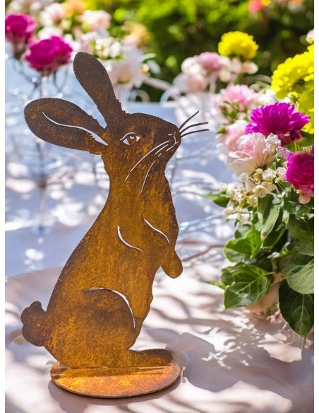 Start Dekofigur Hase Flauschig – Metall Osterhase - 30 cm hoch 
Höhe 30 cm
Breite 18 cm
auf PLatte

Die Edelrost-Deko "Hase