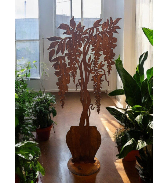 Metallfigur Glyzinie - Blauregen im Topf auf Platte 93 cm hoch 
Höhe 93 cm
Der Blauregen oder auch Glyzine genannt ist e