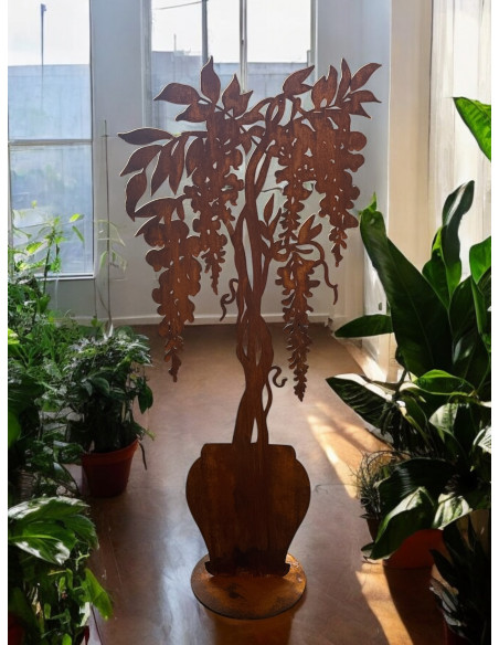 Metallfigur Glyzinie - Blauregen im Topf auf Platte 93 cm hoch 
Höhe 93 cm
Der Blauregen oder auch Glyzine genannt ist e