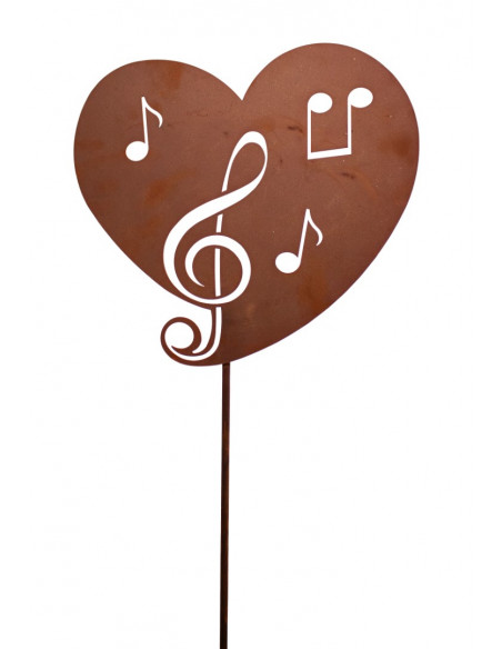 Start Gartenstecker Herz mit Noten Höhe 32,5 cm + 100 cm Stange 
H: 32,5 cm, B: 35 cm
Eisenstab 100 cm
