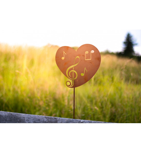 Start Gartenstecker Herz mit Noten Höhe 32,5 cm + 100 cm Stange 
H: 32,5 cm, B: 35 cm
Eisenstab 100 cm
